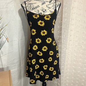 Sunflower Print Mini Slip Dress - Black and Yellow